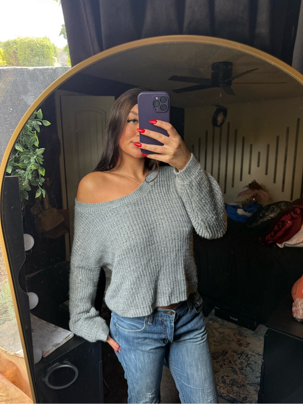 Women's Off-Shoulder Ribbed Sweater - Gray - Picture 3 of 3